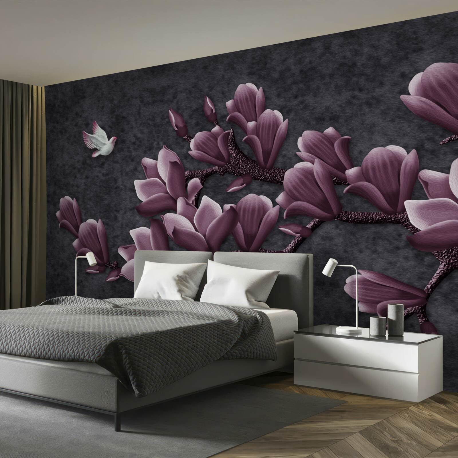 Fototapet nuanță de liliac de pasăre și magnolie