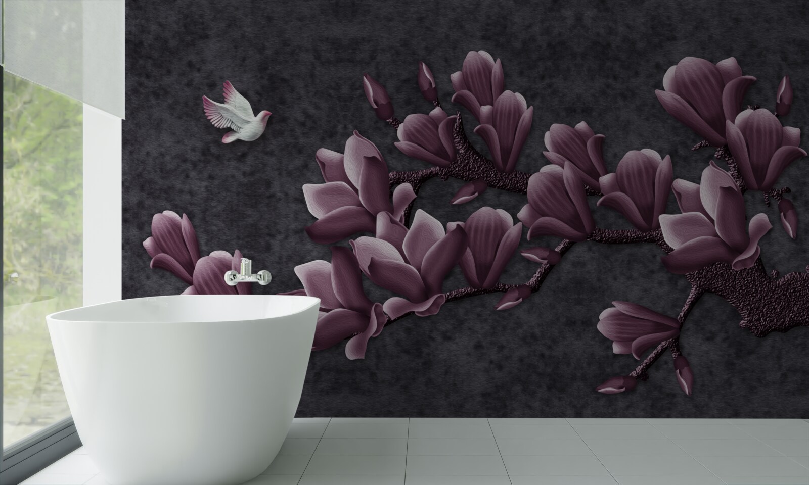 Fototapet nuanță de liliac de pasăre și magnolie