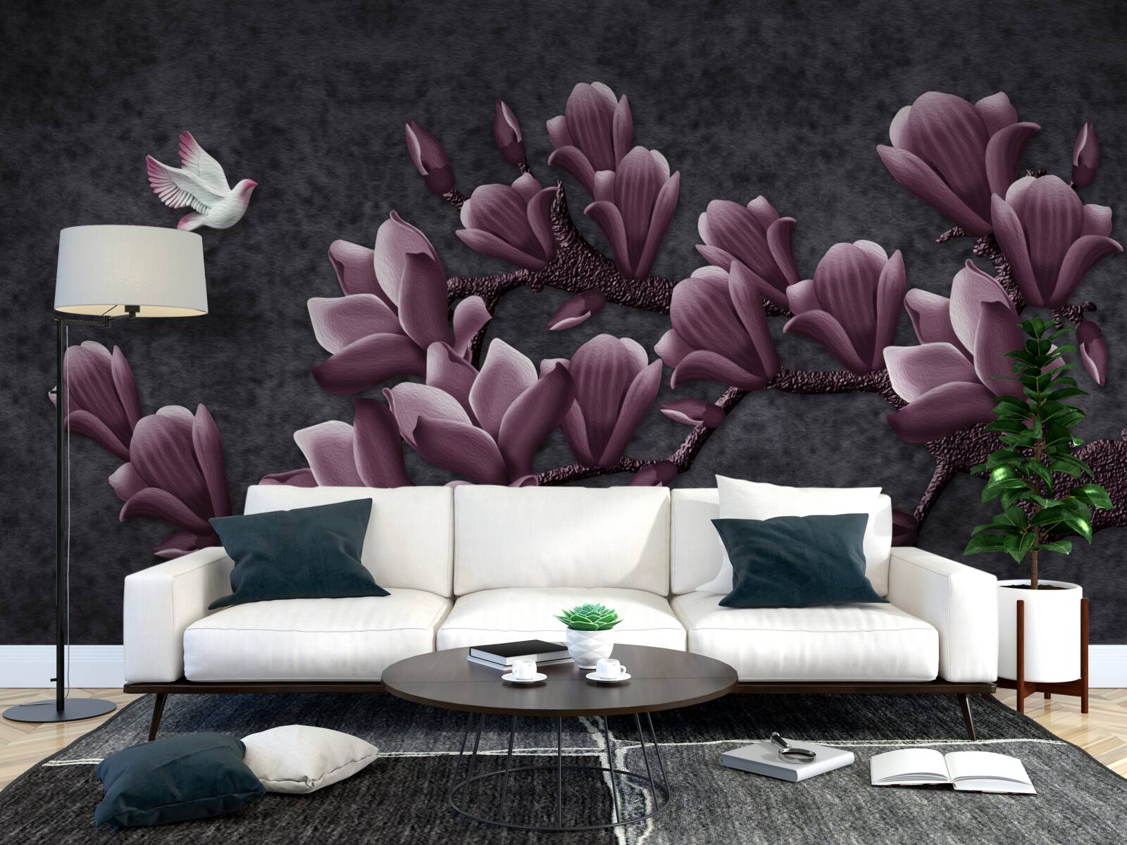 Fototapet nuanță de liliac de pasăre și magnolie