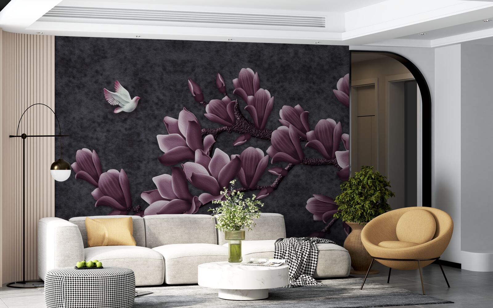 Fototapet nuanță de liliac de pasăre și magnolie