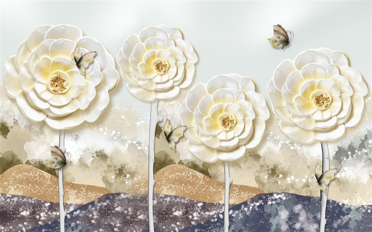 Fototapet fluturii zboară pe lângă mugurii uriași și cremoși