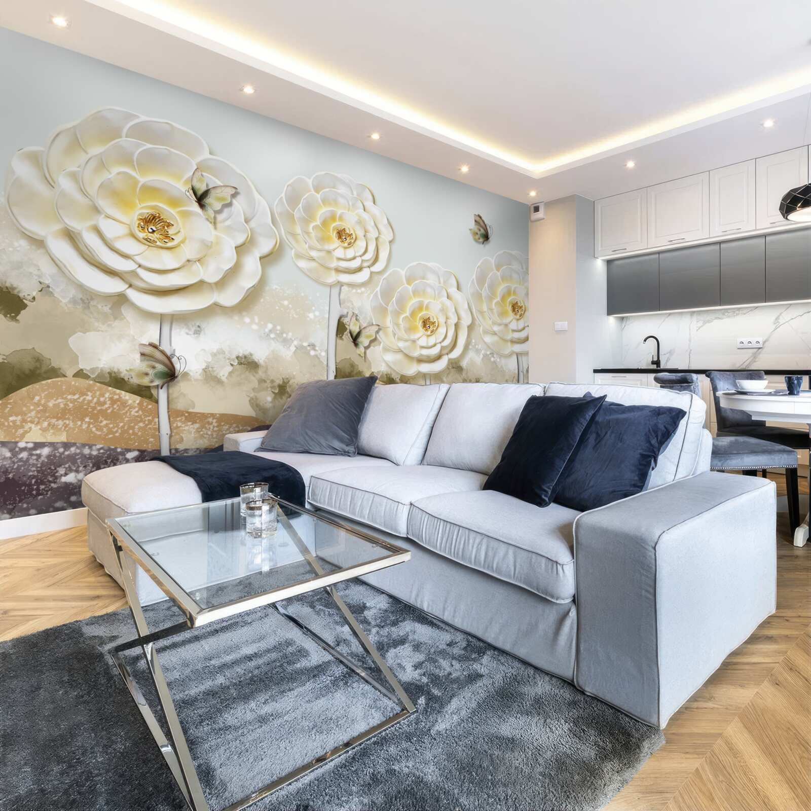 Fototapet fluturii zboară pe lângă mugurii uriași și cremoși