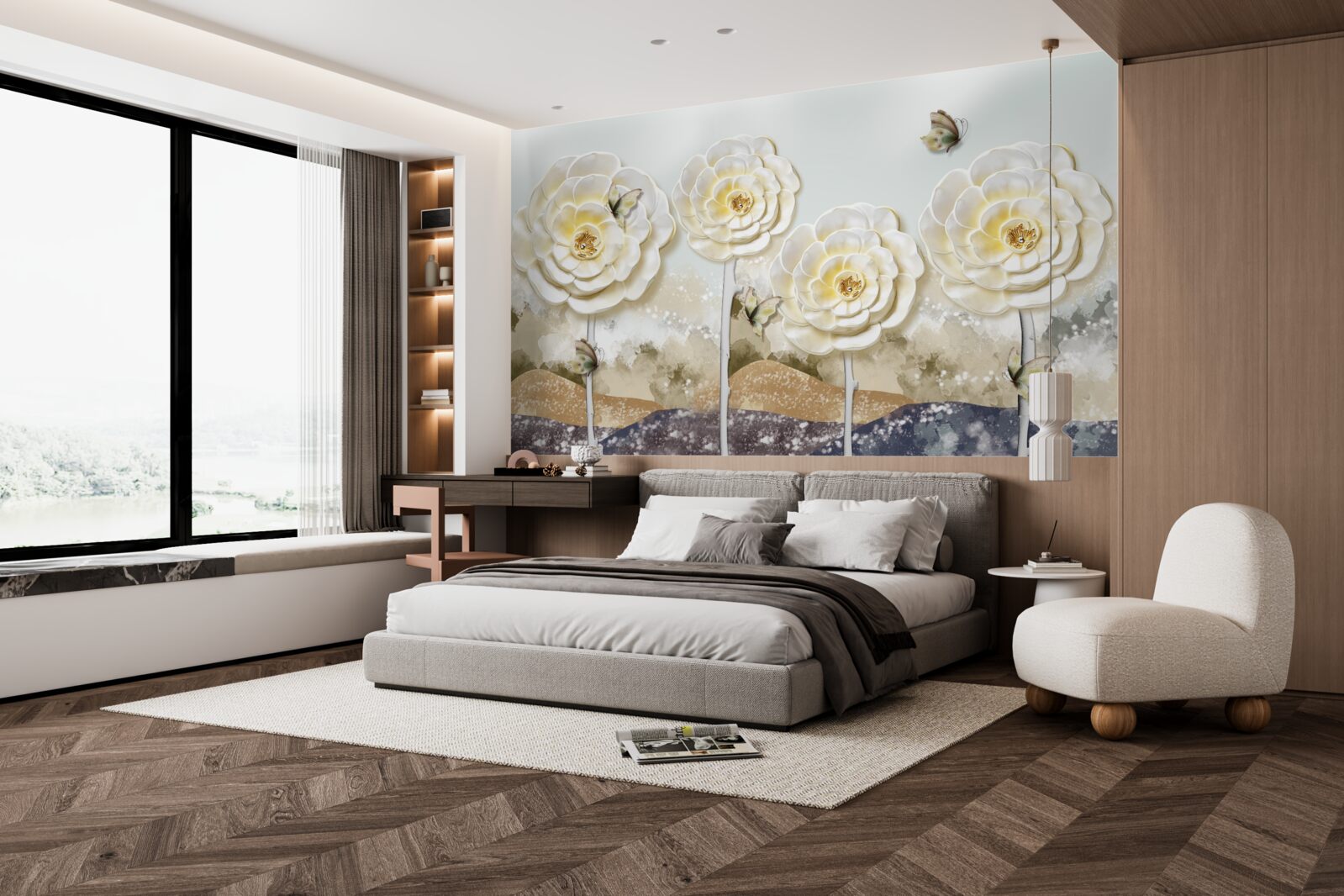 Fototapet fluturii zboară pe lângă mugurii uriași și cremoși