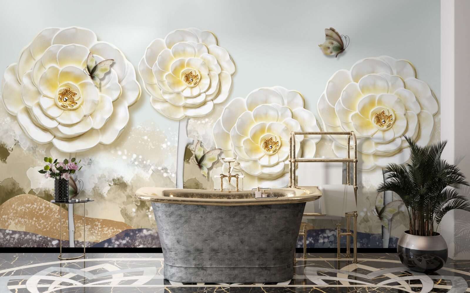 Fototapet fluturii zboară pe lângă mugurii uriași și cremoși