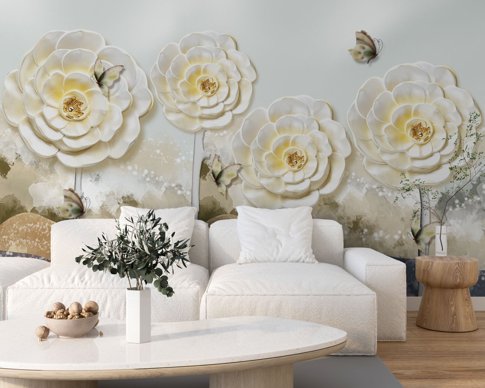 Fototapet fluturii zboară pe lângă mugurii uriași și cremoși