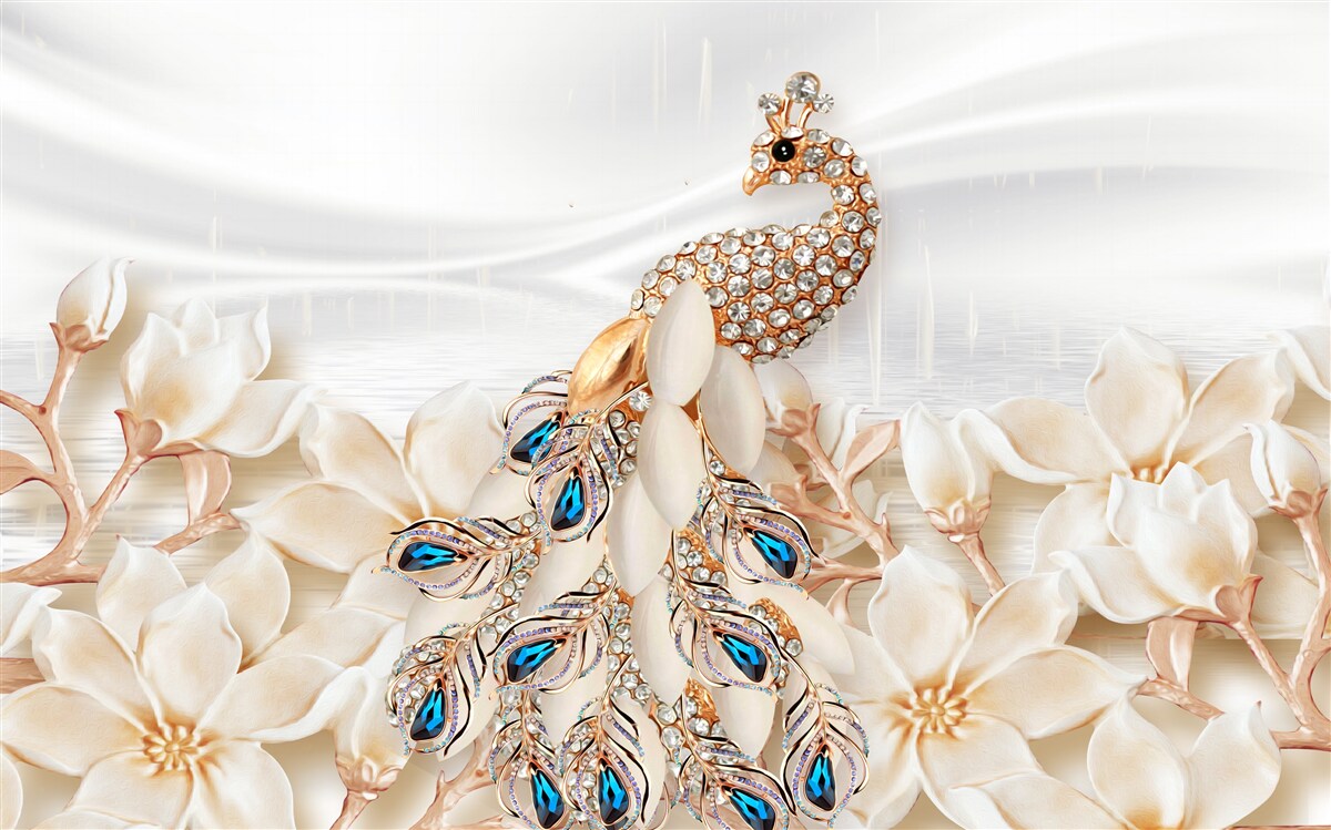 Fototapet păun auriu pe un fundal de flori albe