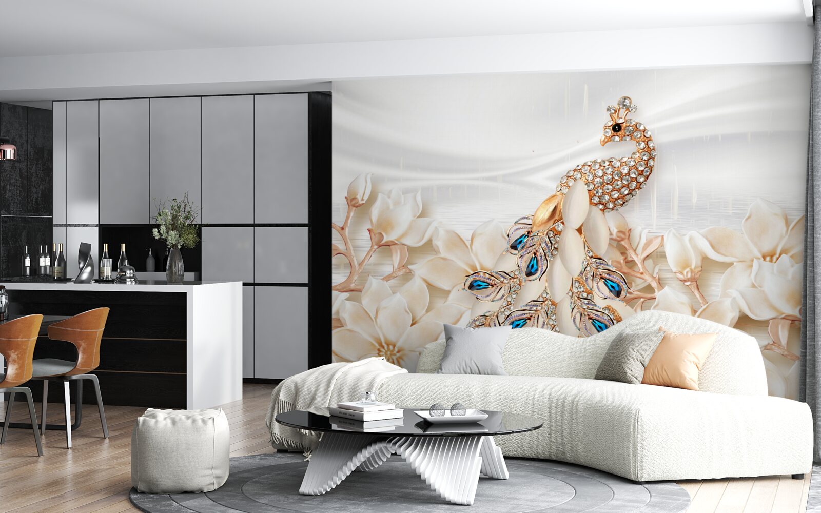 Fototapet păun auriu pe un fundal de flori albe