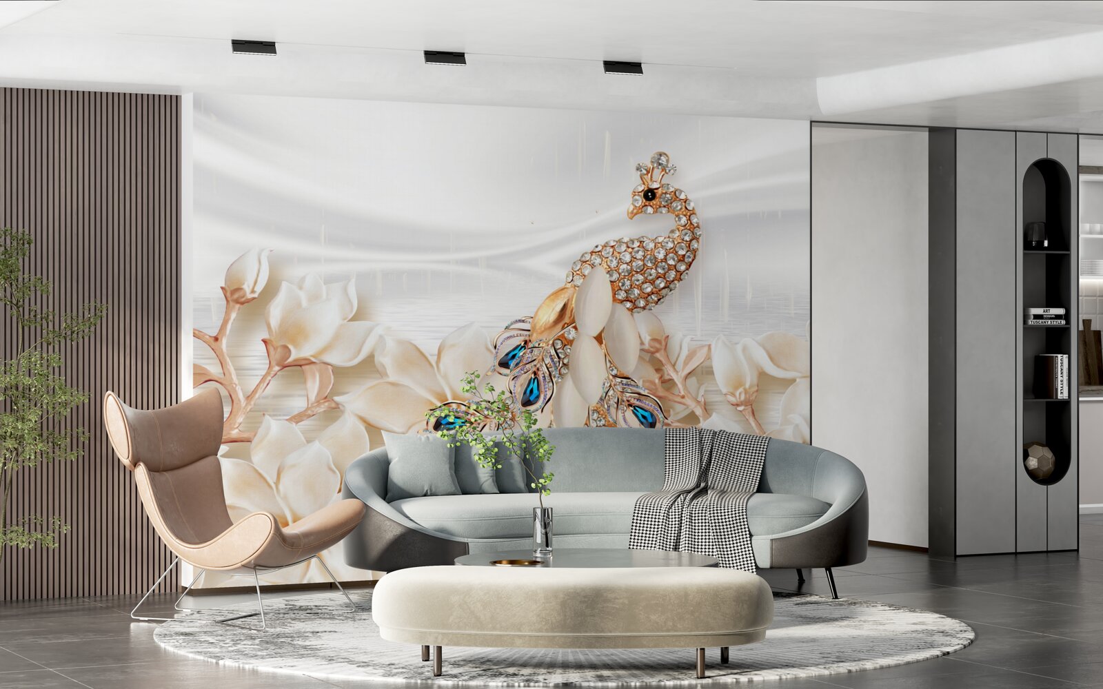 Fototapet păun auriu pe un fundal de flori albe