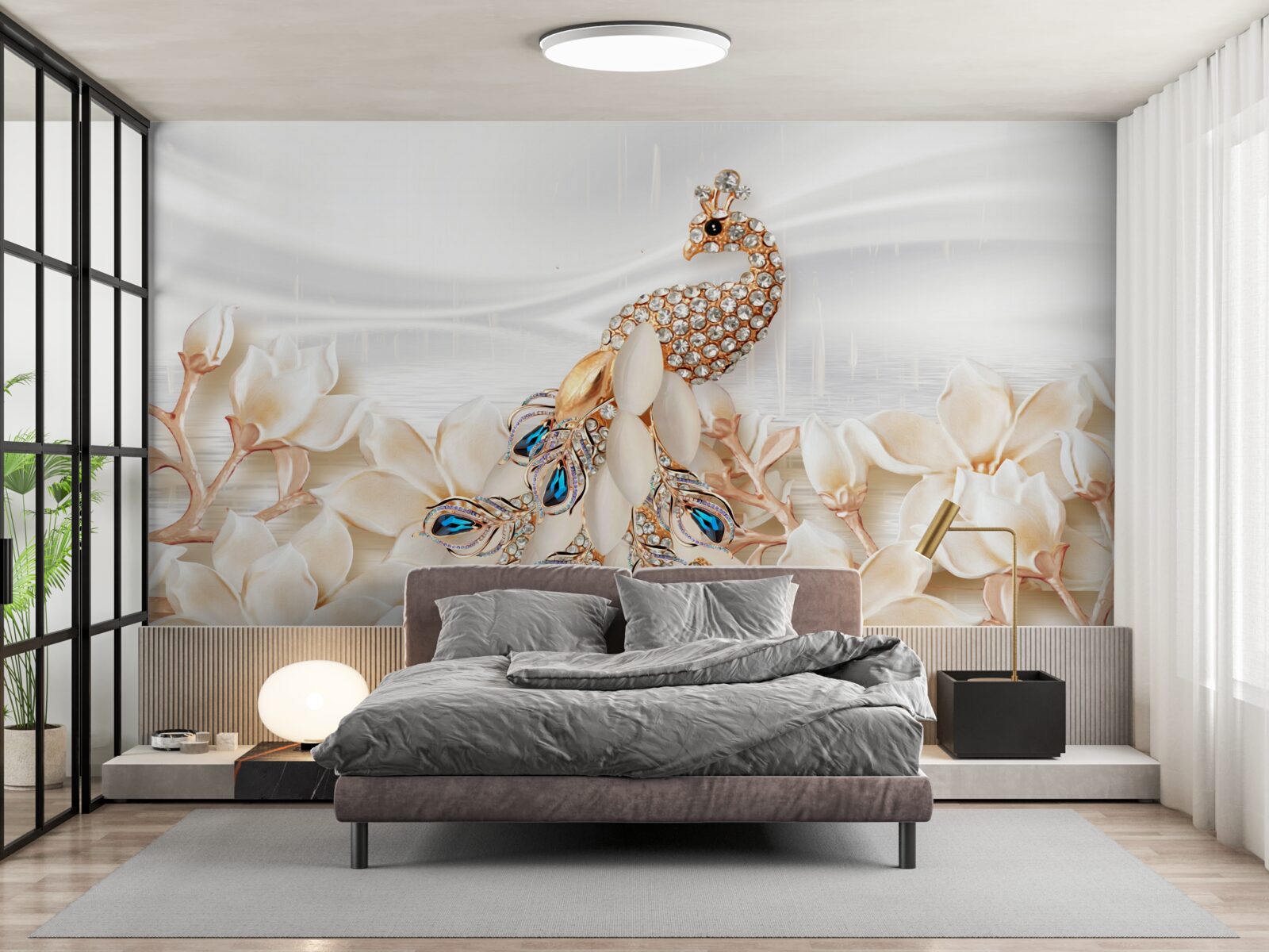 Fototapet păun auriu pe un fundal de flori albe