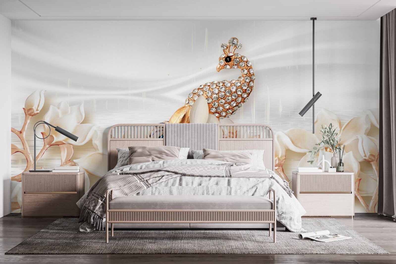 Fototapet păun auriu pe un fundal de flori albe