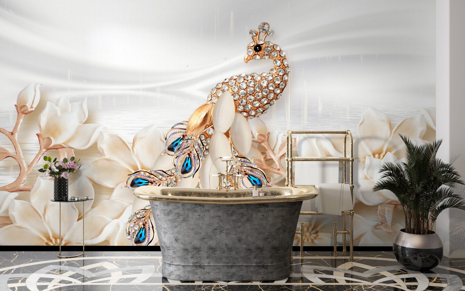 Fototapet păun auriu pe un fundal de flori albe