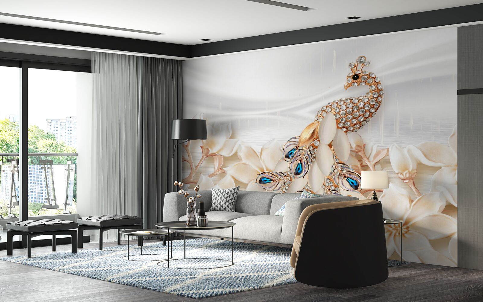 Fototapet păun auriu pe un fundal de flori albe