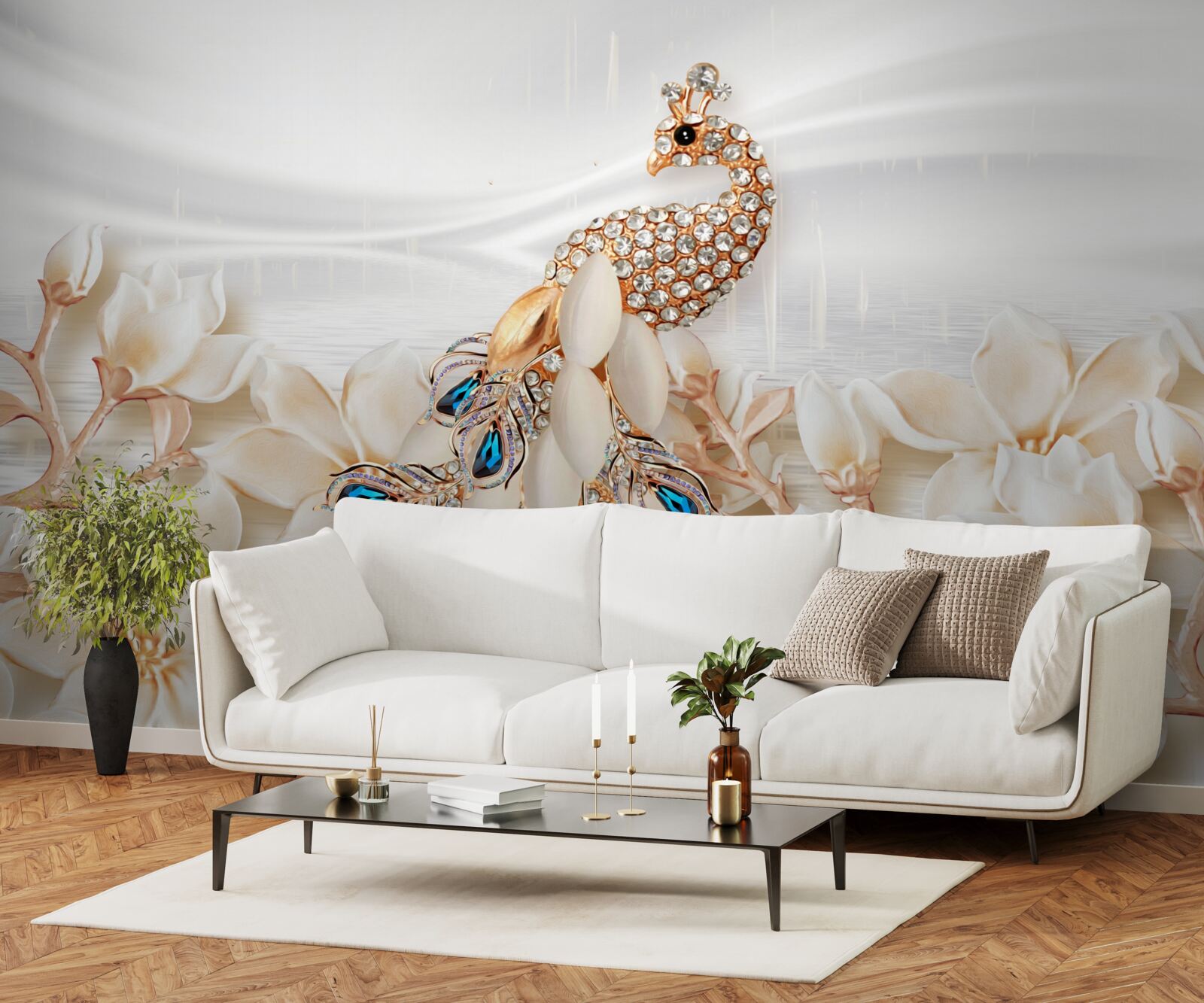 Fototapet păun auriu pe un fundal de flori albe