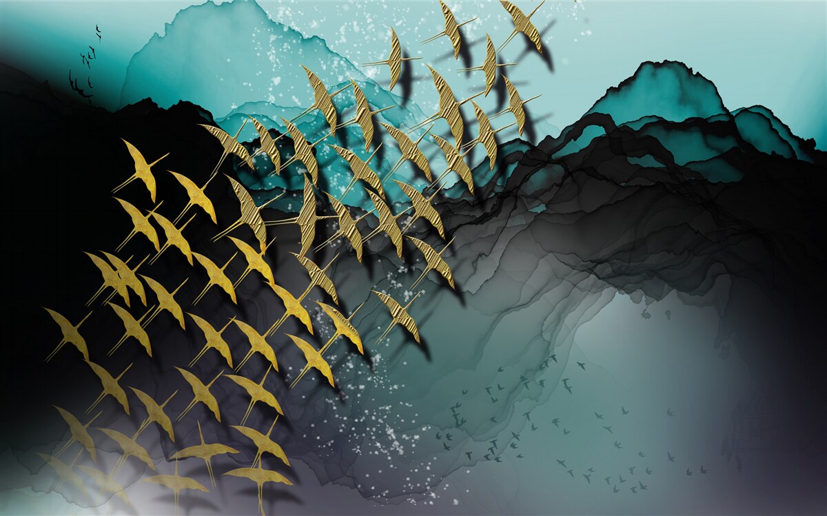 Fototapet grup de păsări care zboară la amurg