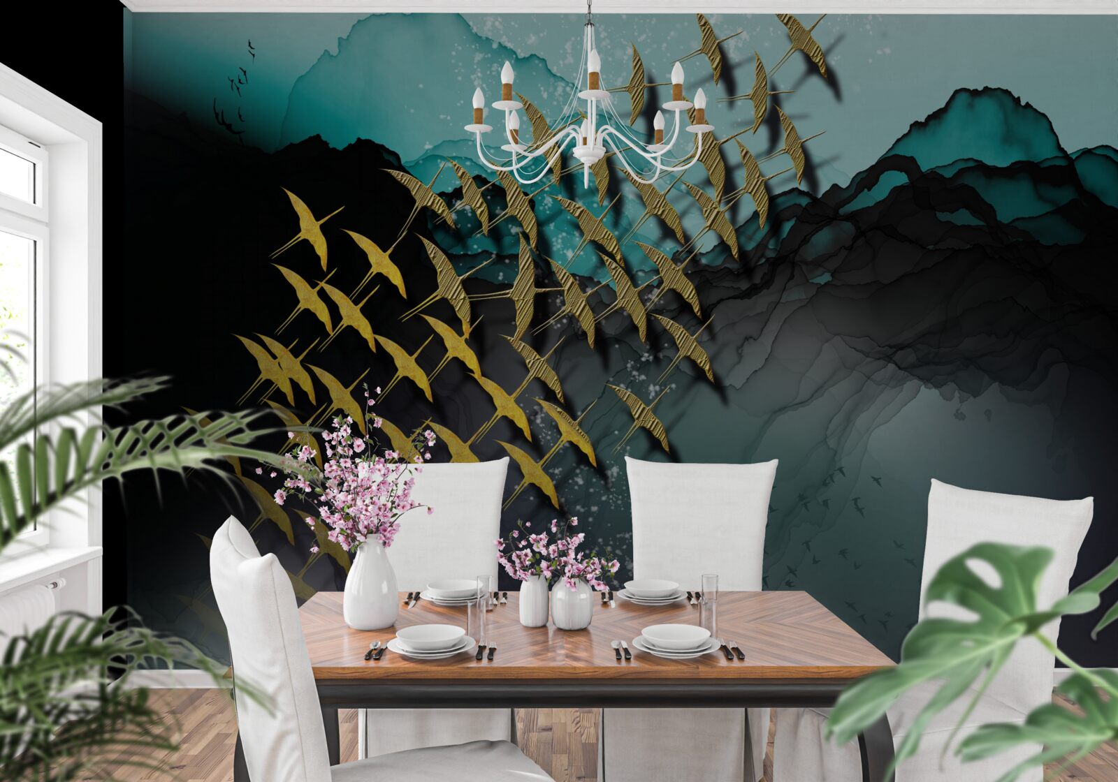 Fototapet grup de păsări care zboară la amurg