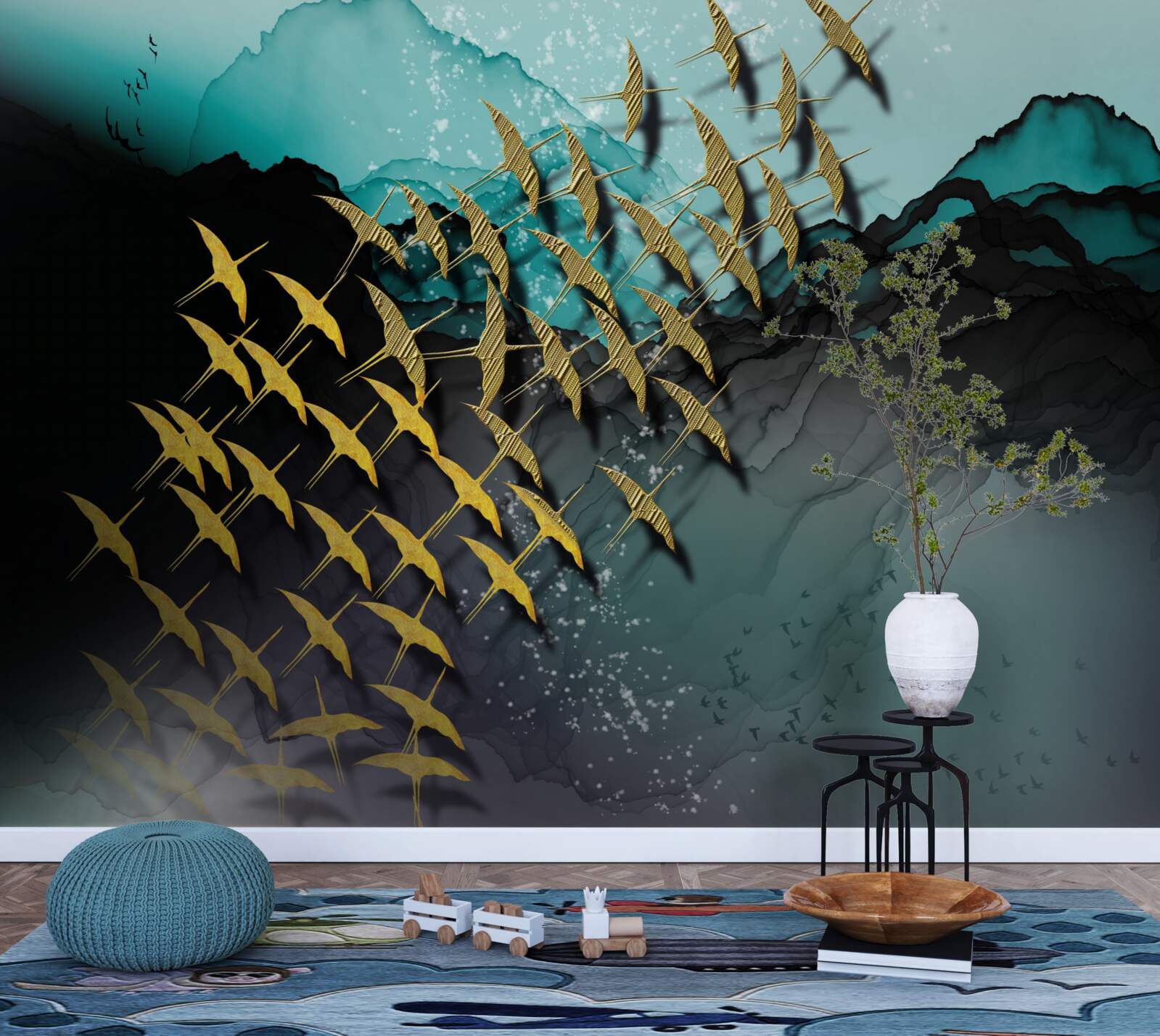 Fototapet grup de păsări care zboară la amurg