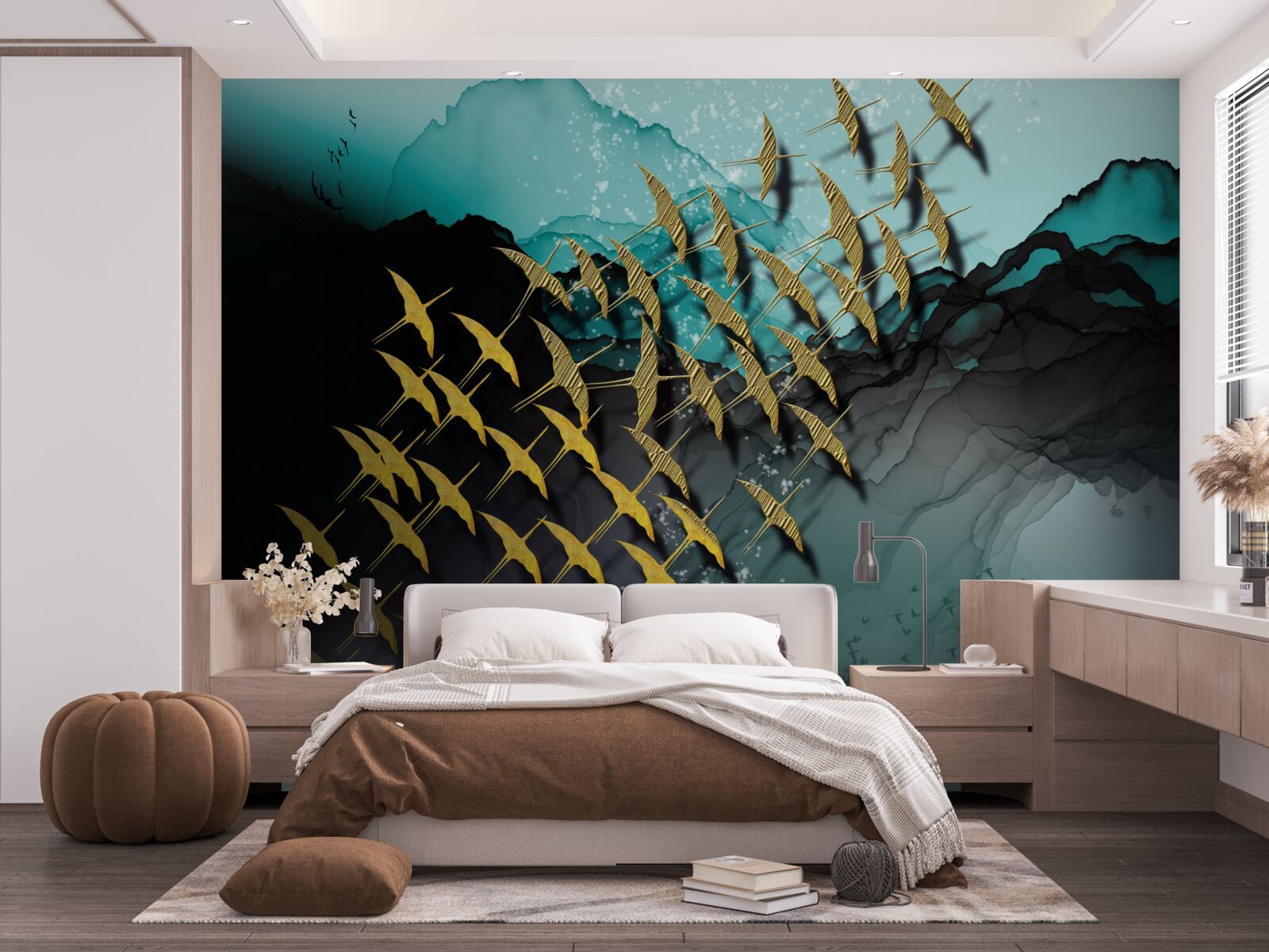 Fototapet grup de păsări care zboară la amurg