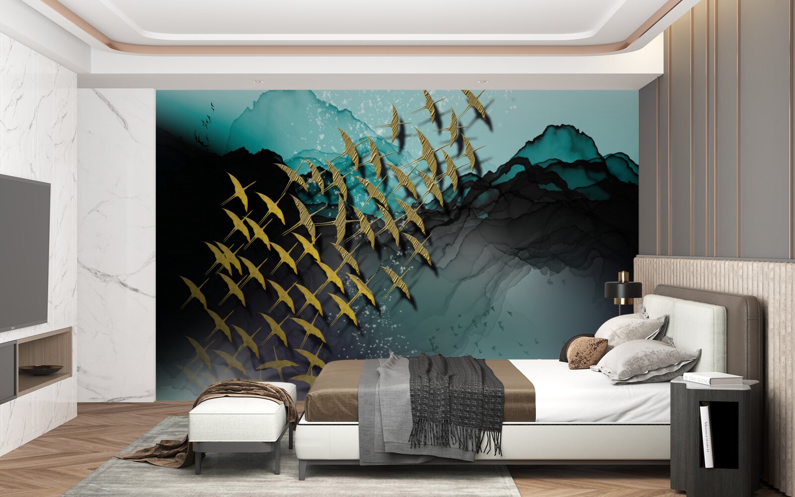 Fototapet grup de păsări care zboară la amurg