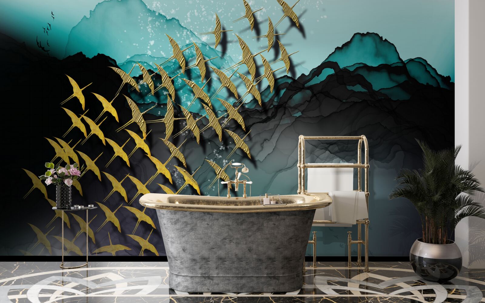 Fototapet grup de păsări care zboară la amurg