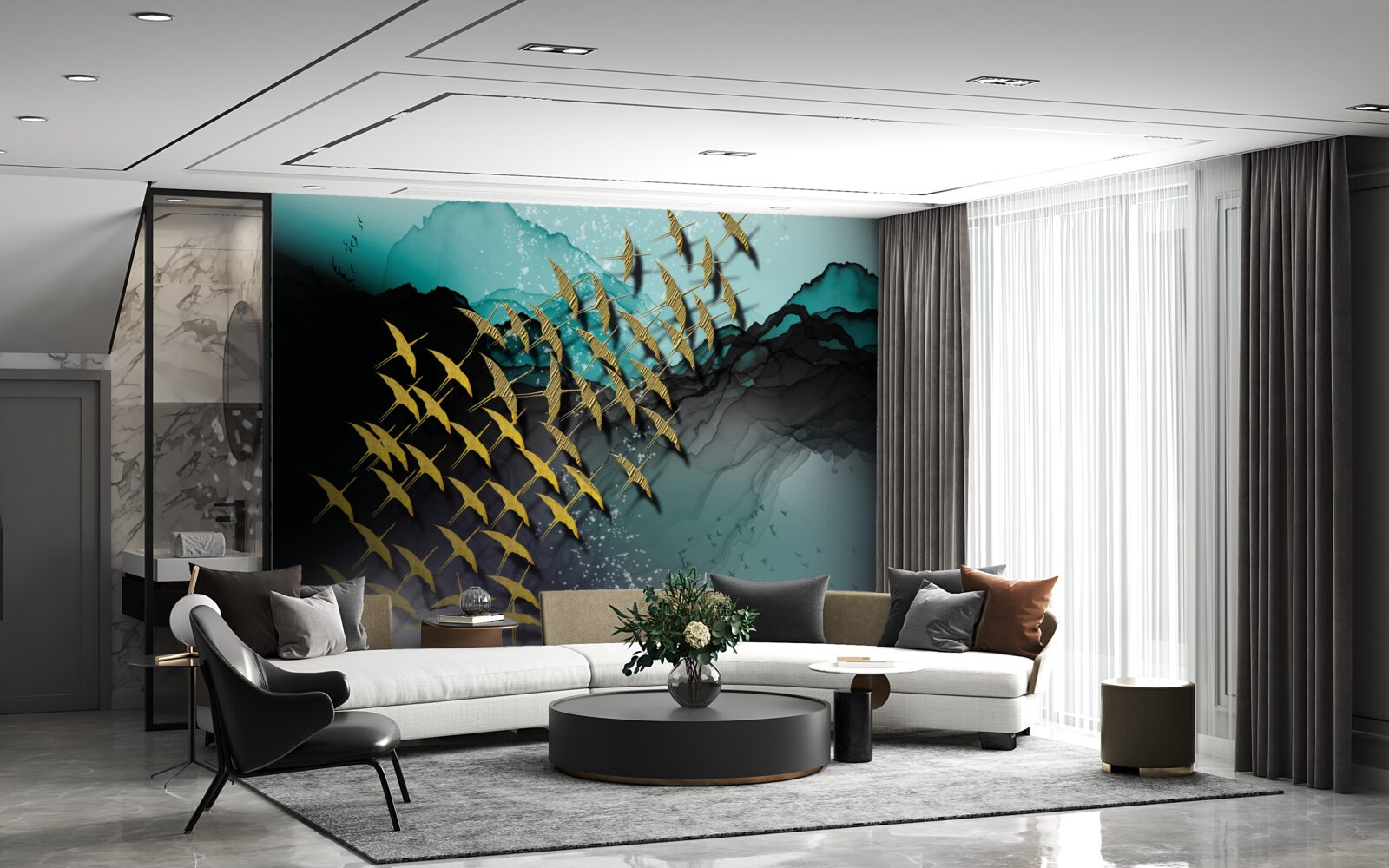 Fototapet grup de păsări care zboară la amurg