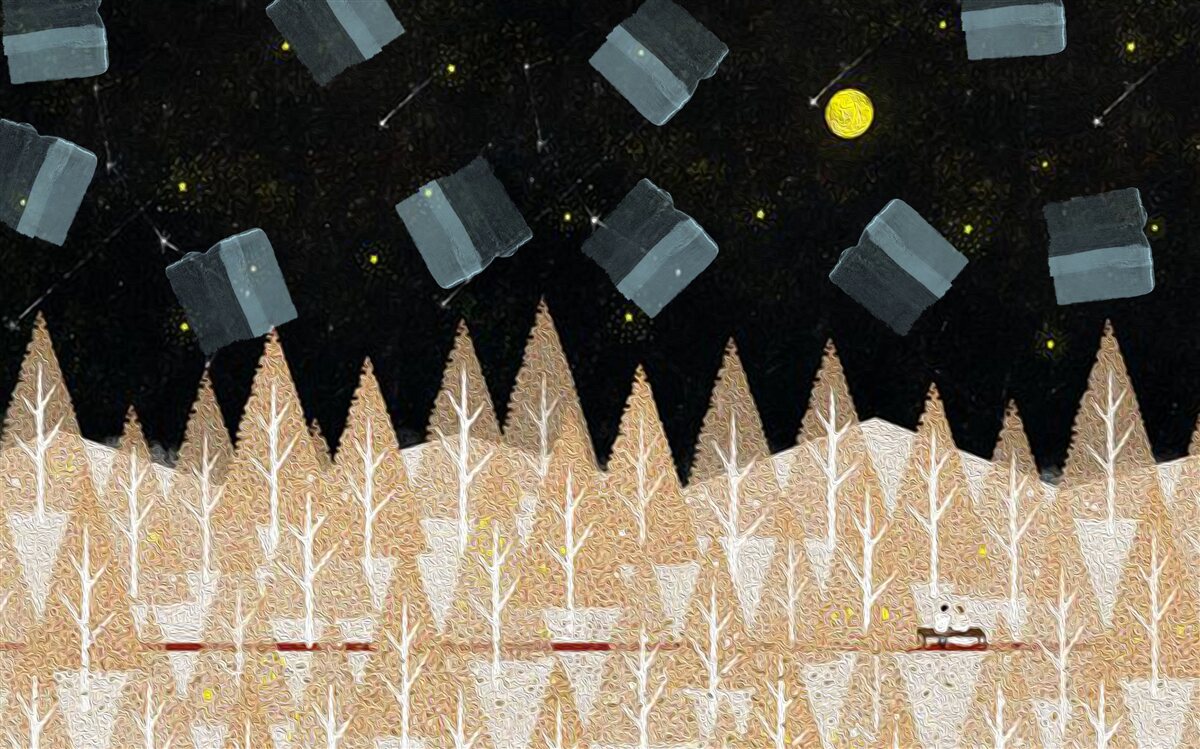 Fototapet pădure metafizică în întuneric și stele strălucitoare