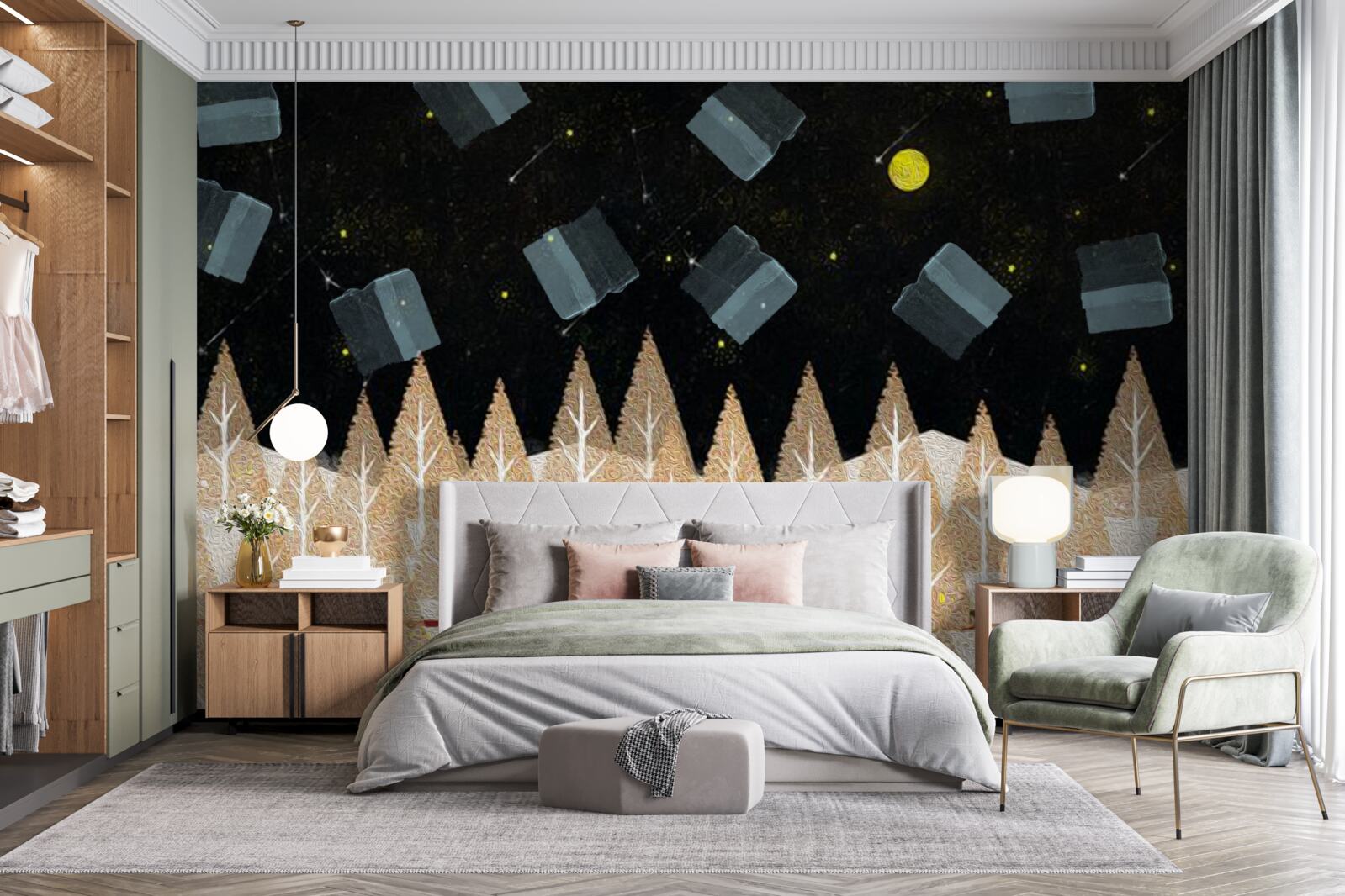 Fototapet pădure metafizică în întuneric și stele strălucitoare