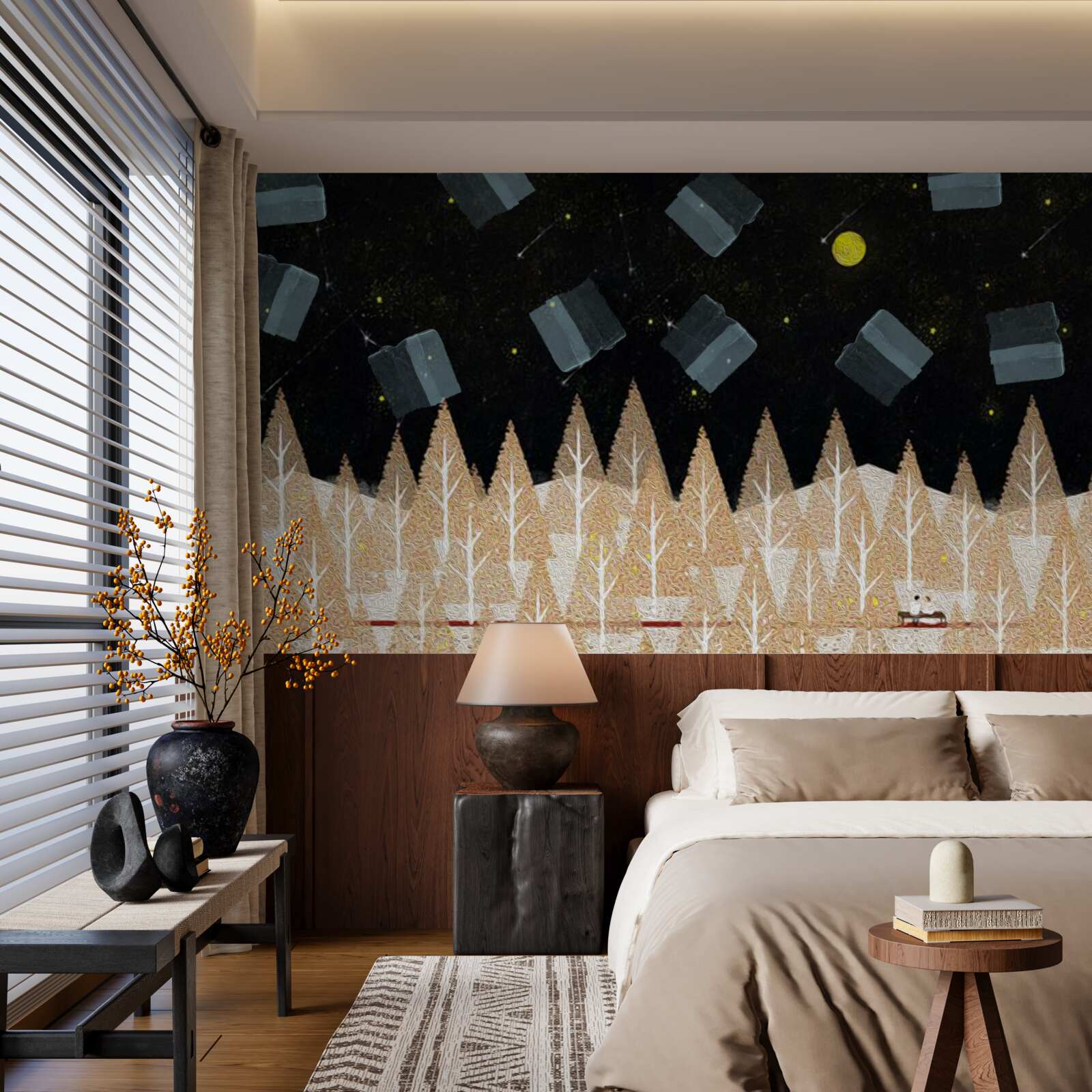 Fototapet pădure metafizică în întuneric și stele strălucitoare