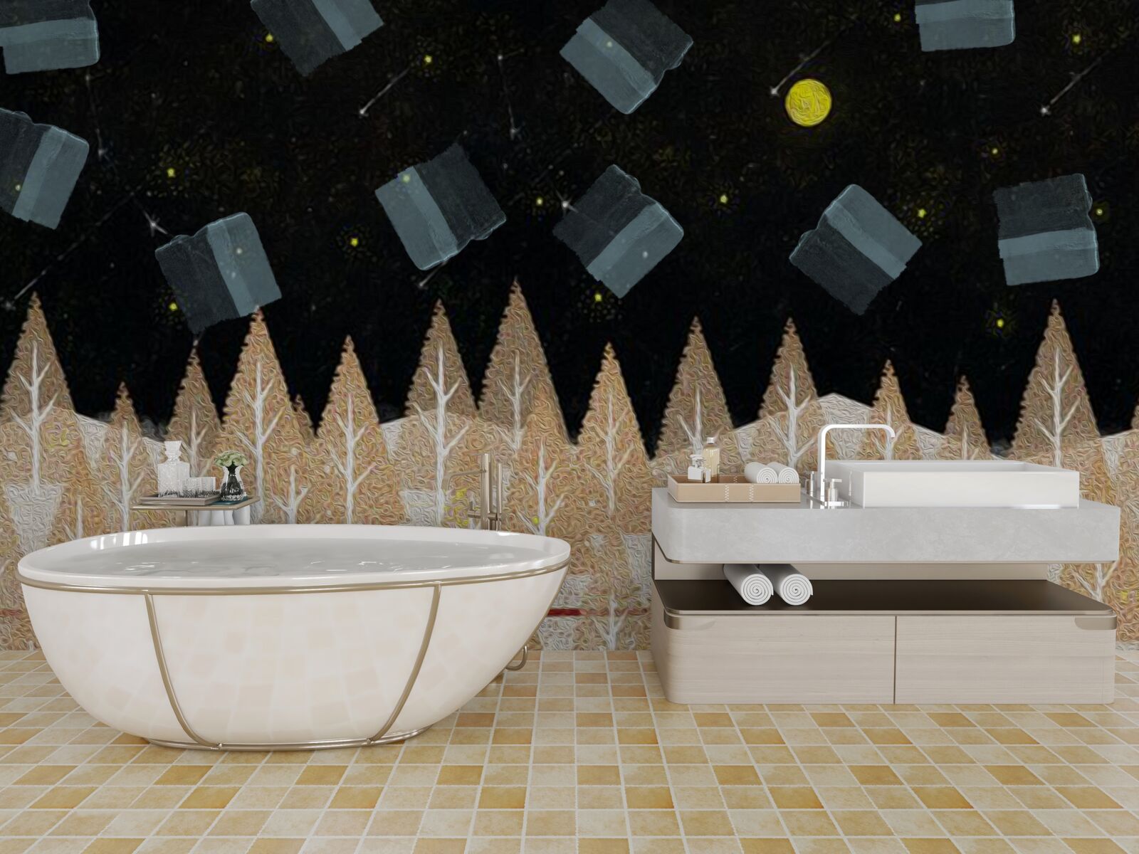 Fototapet pădure metafizică în întuneric și stele strălucitoare