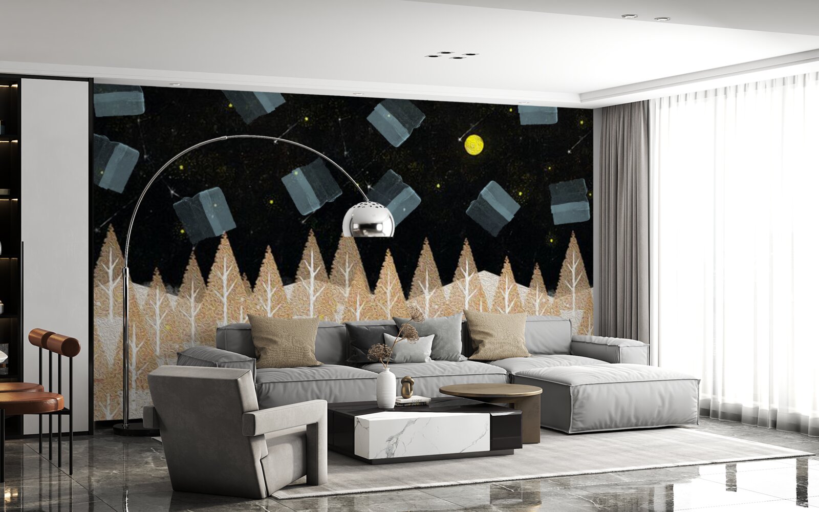 Fototapet pădure metafizică în întuneric și stele strălucitoare