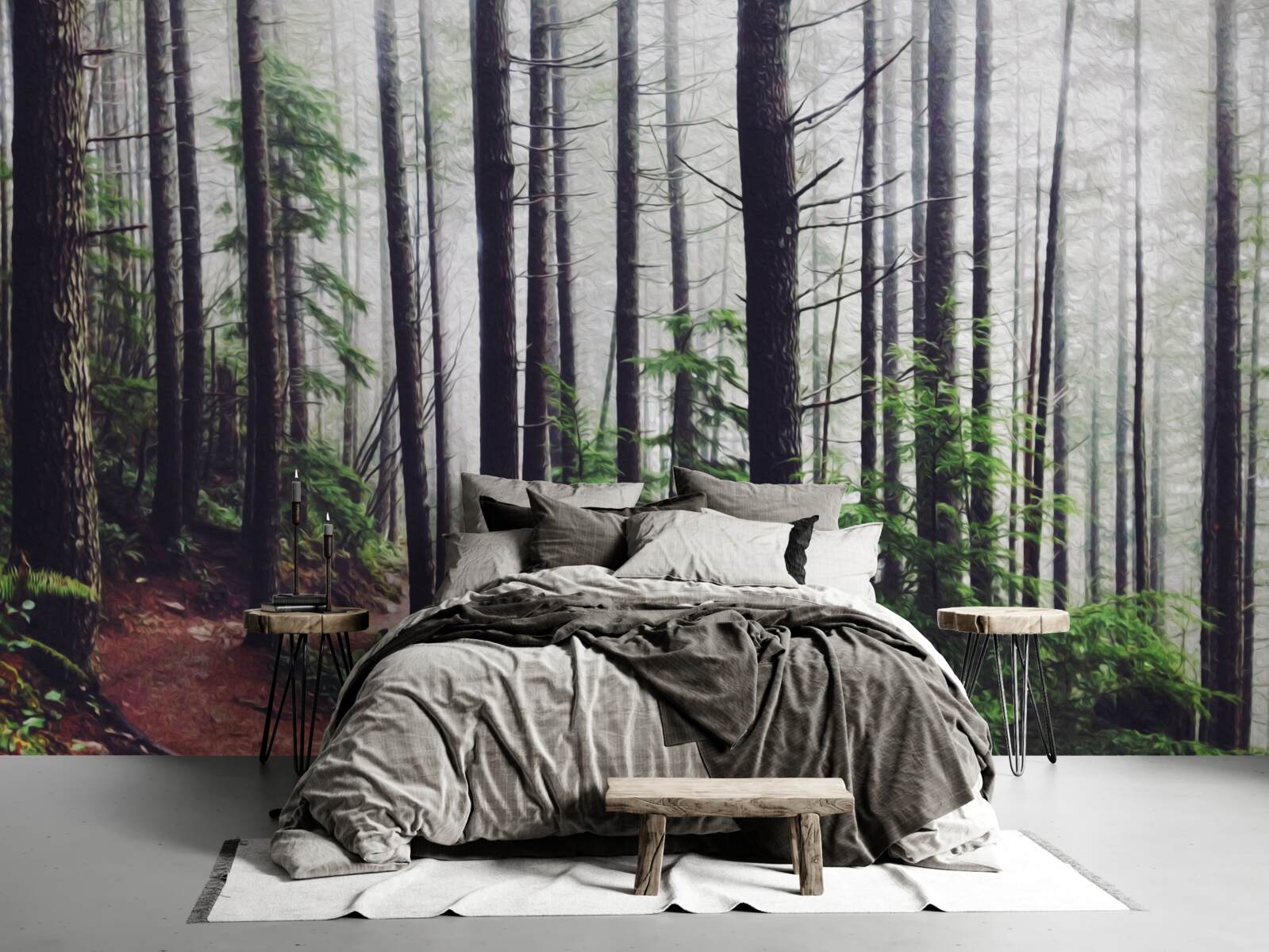 Fototapet pădurea cețoasă este plină de copaci înalți și subțiri