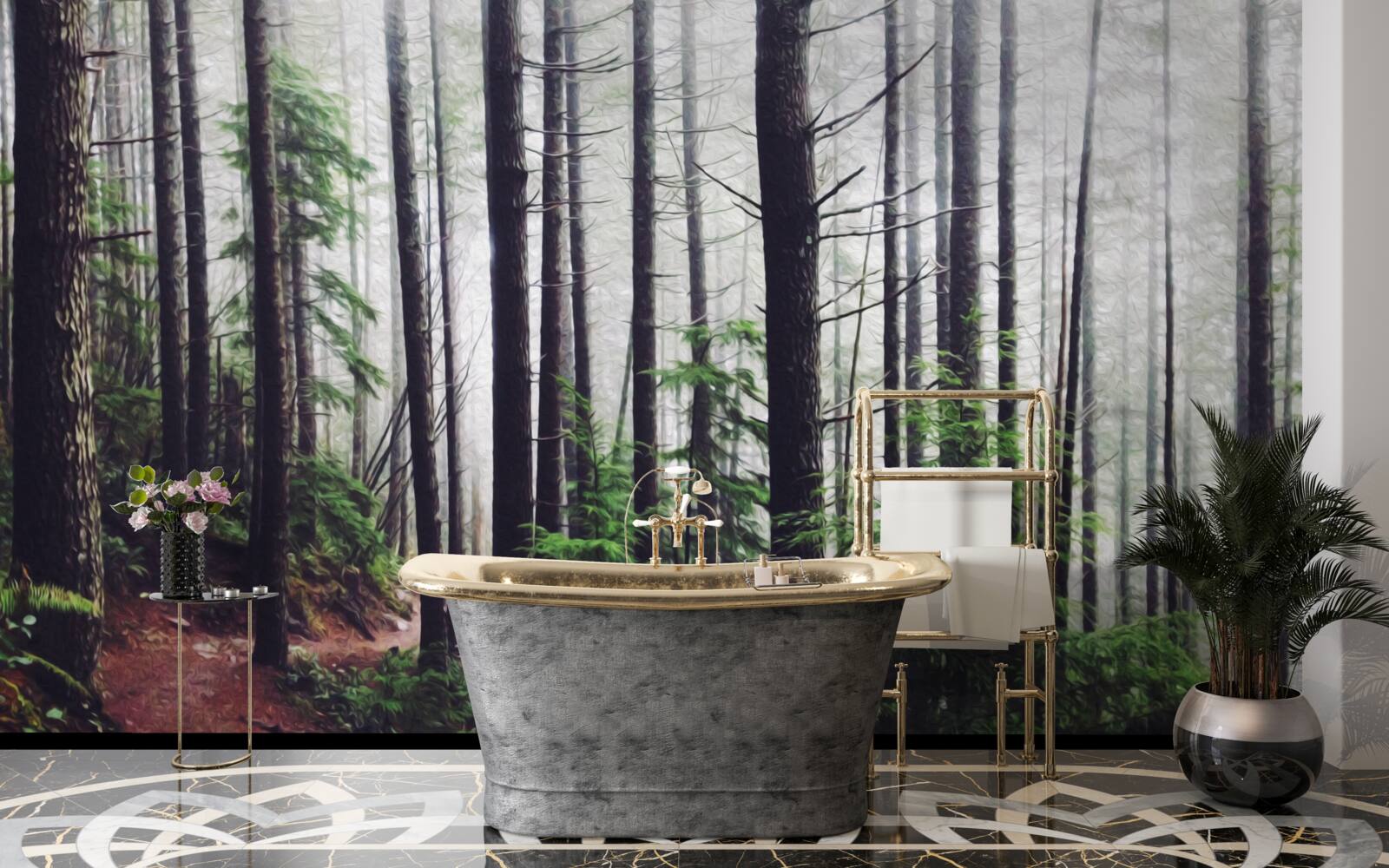 Fototapet pădurea cețoasă este plină de copaci înalți și subțiri