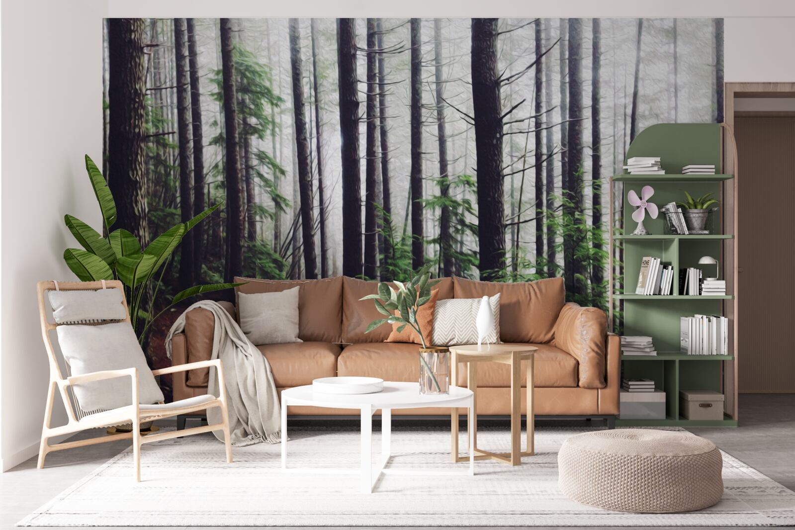 Fototapet pădurea cețoasă este plină de copaci înalți și subțiri