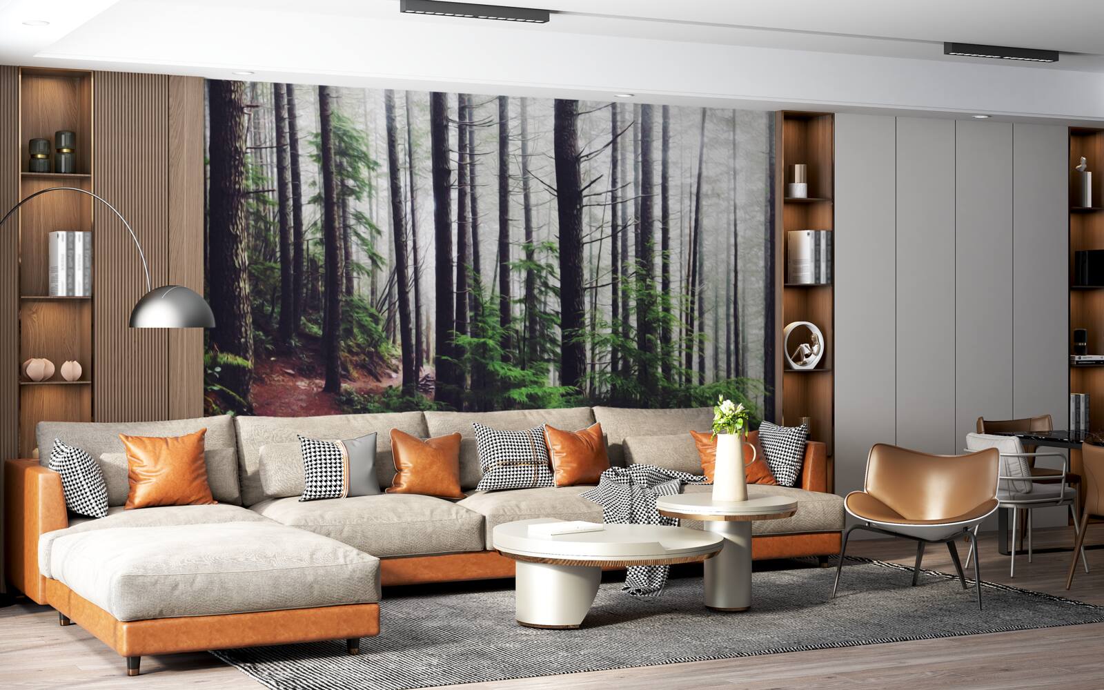 Fototapet pădurea cețoasă este plină de copaci înalți și subțiri