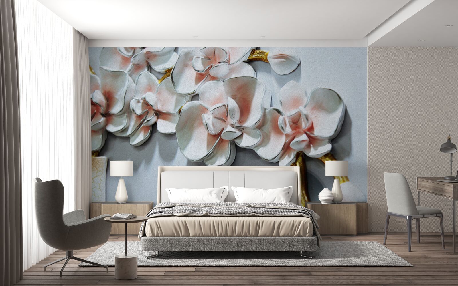 Fototapet conturează ramurile unei orhidee albe ca zăpada