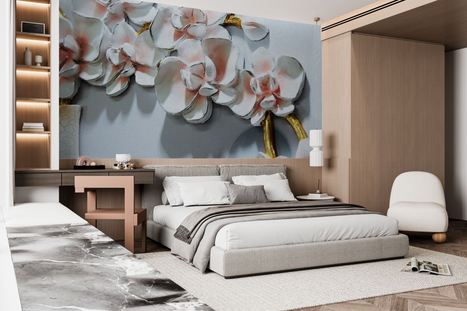 Fototapet conturează ramurile unei orhidee albe ca zăpada