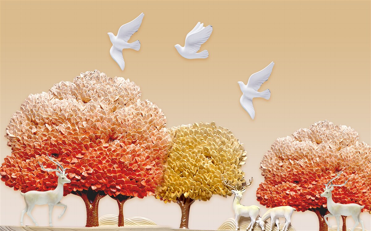 Fototapet frumoasă pădure de toamnă sub aripile porumbeilor albi