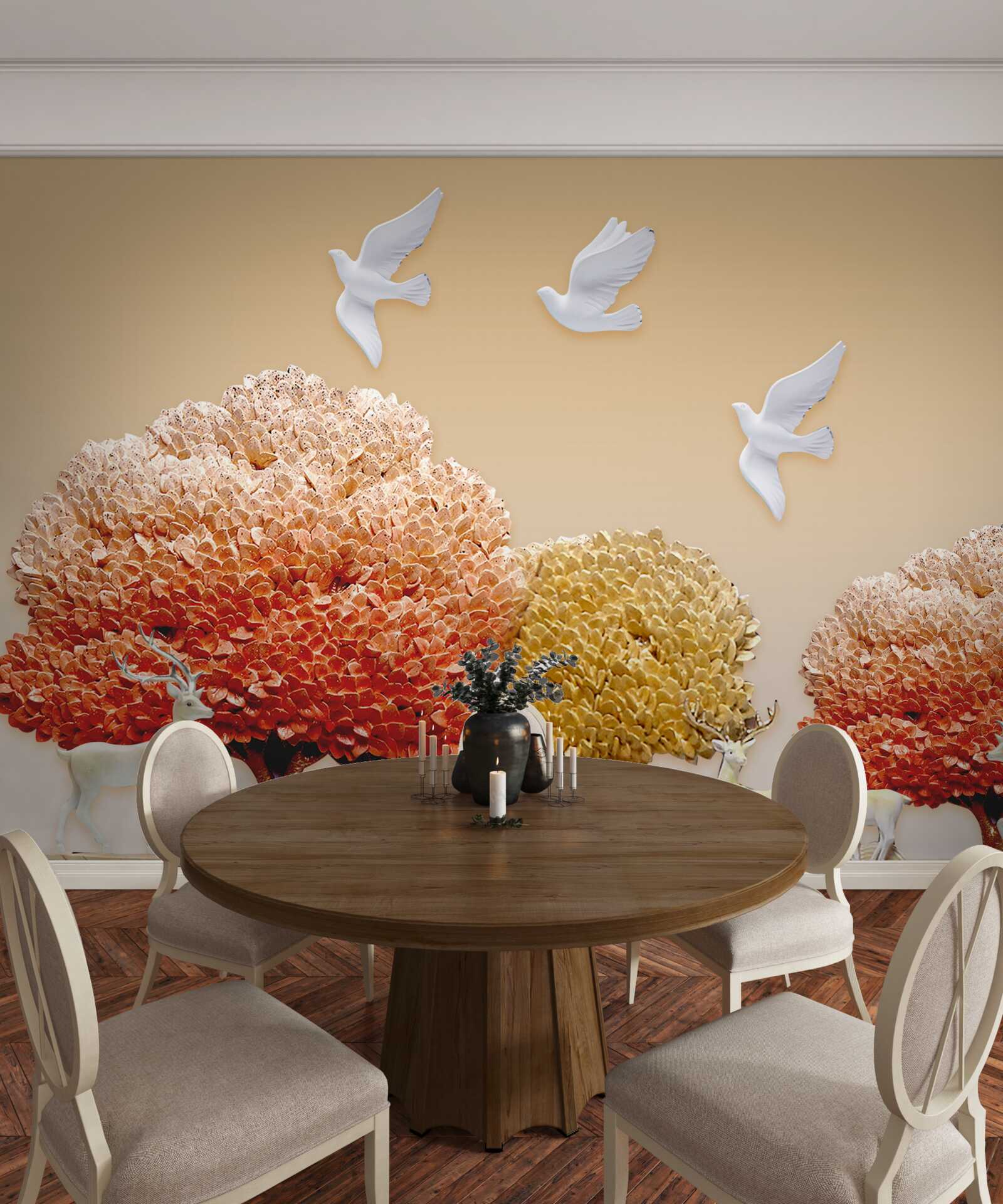 Fototapet frumoasă pădure de toamnă sub aripile porumbeilor albi