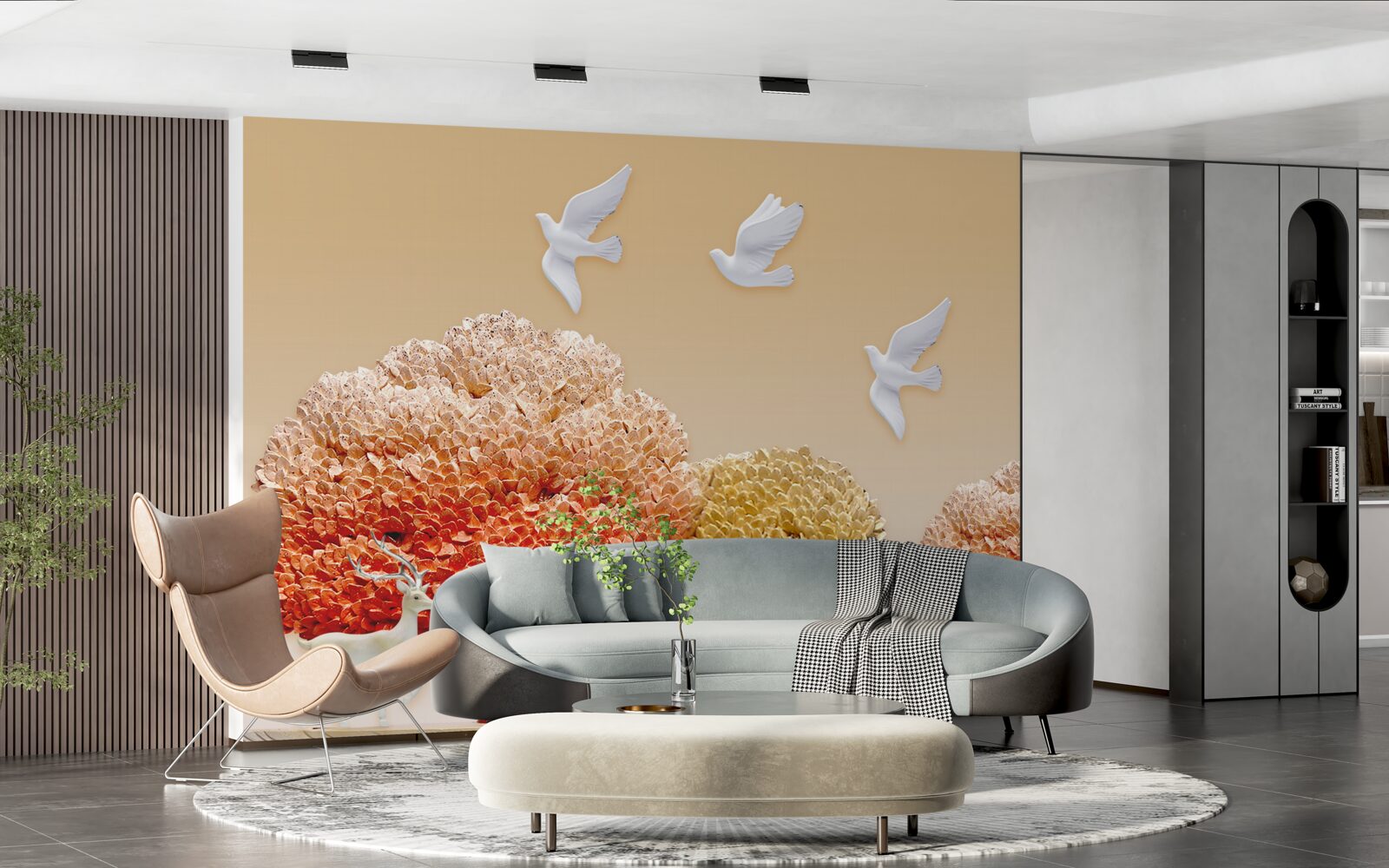 Fototapet frumoasă pădure de toamnă sub aripile porumbeilor albi