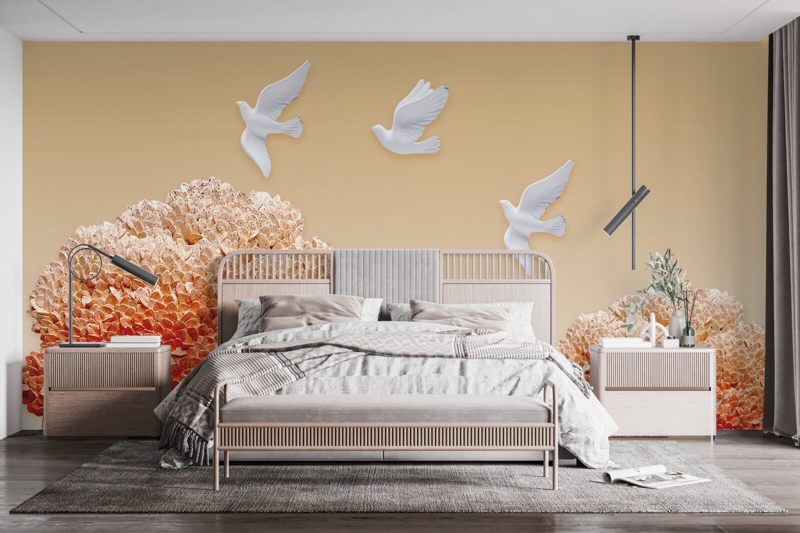 Fototapet frumoasă pădure de toamnă sub aripile porumbeilor albi