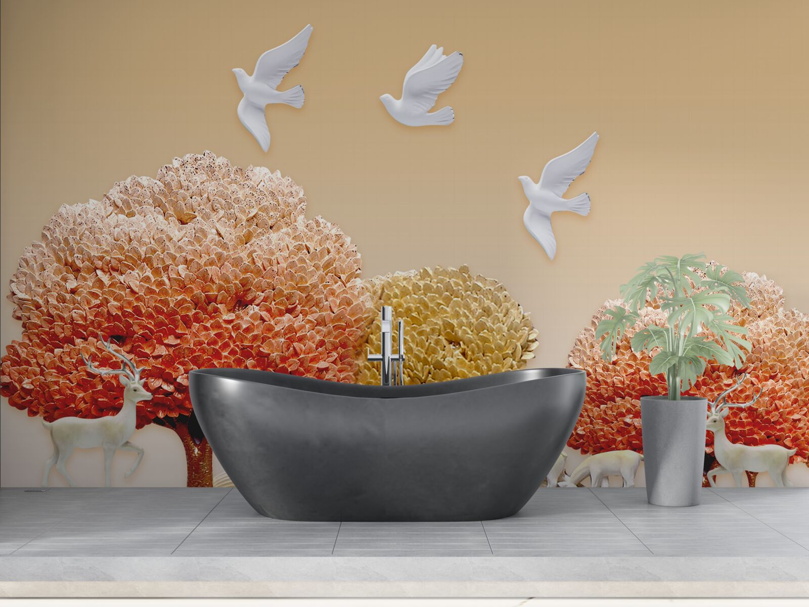 Fototapet frumoasă pădure de toamnă sub aripile porumbeilor albi