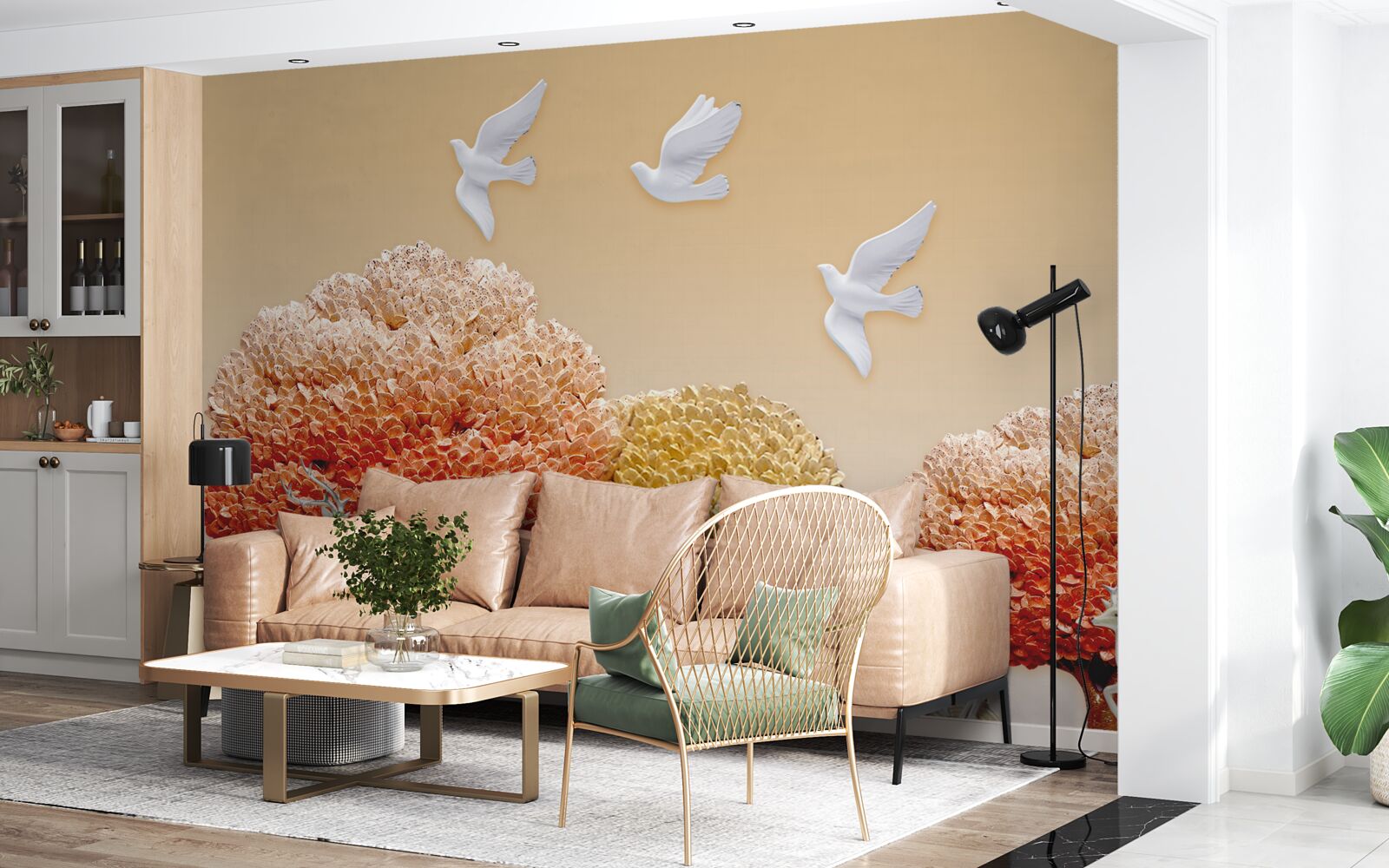 Fototapet frumoasă pădure de toamnă sub aripile porumbeilor albi