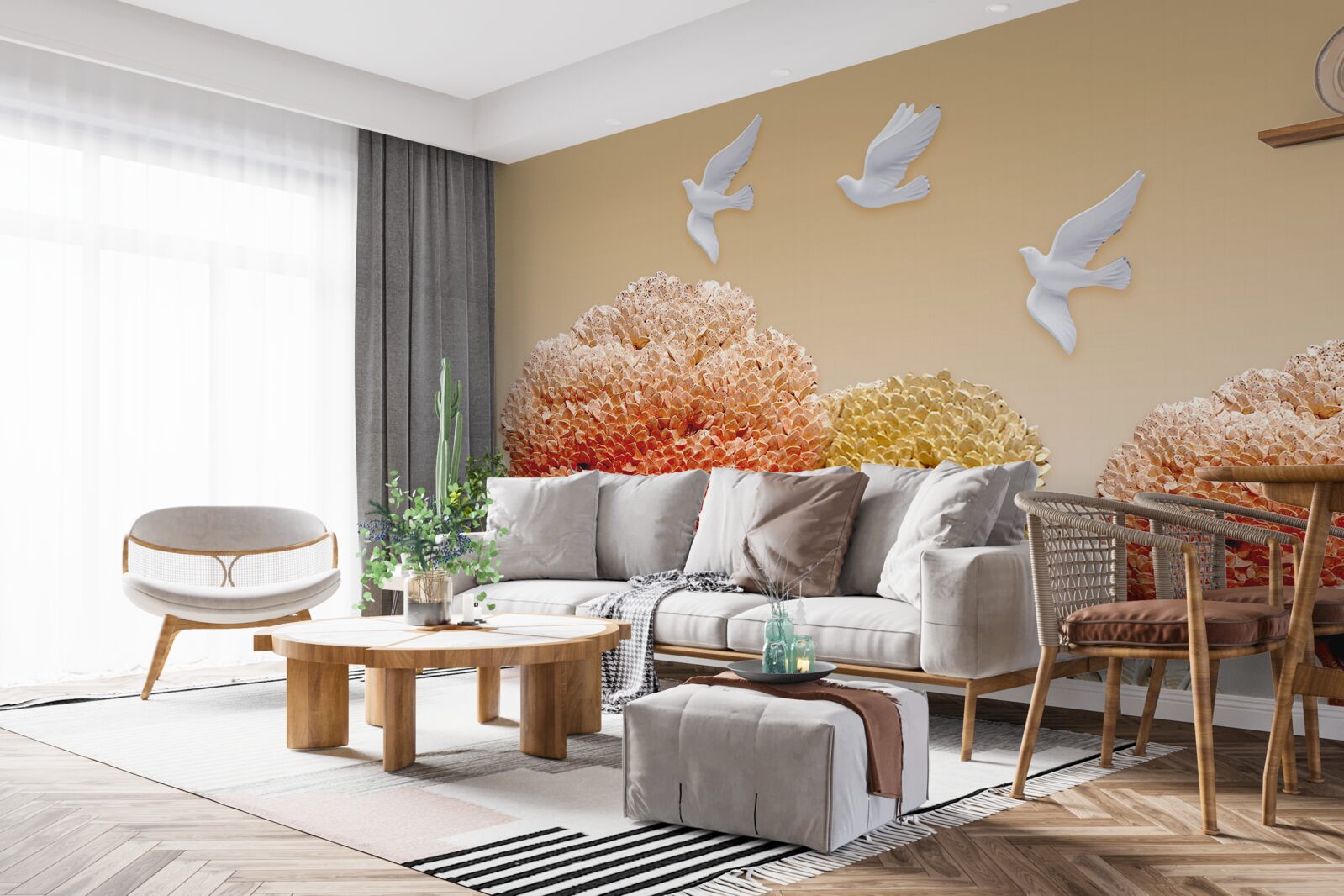 Fototapet frumoasă pădure de toamnă sub aripile porumbeilor albi