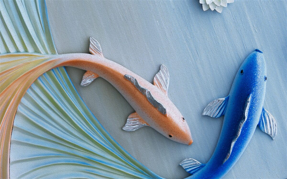 Fototapet pești aurii și albaștri înoată în apă