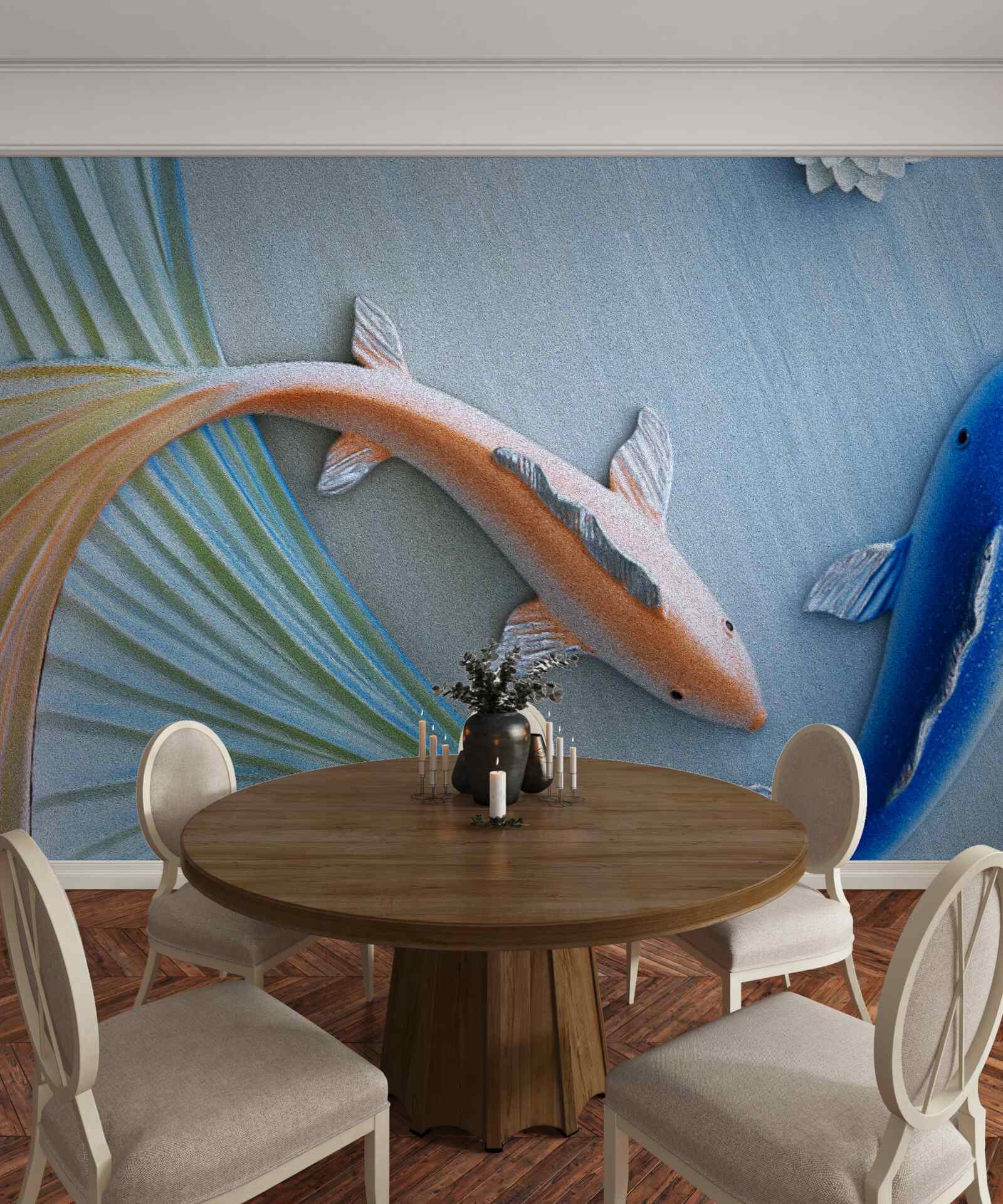 Fototapet pești aurii și albaștri înoată în apă