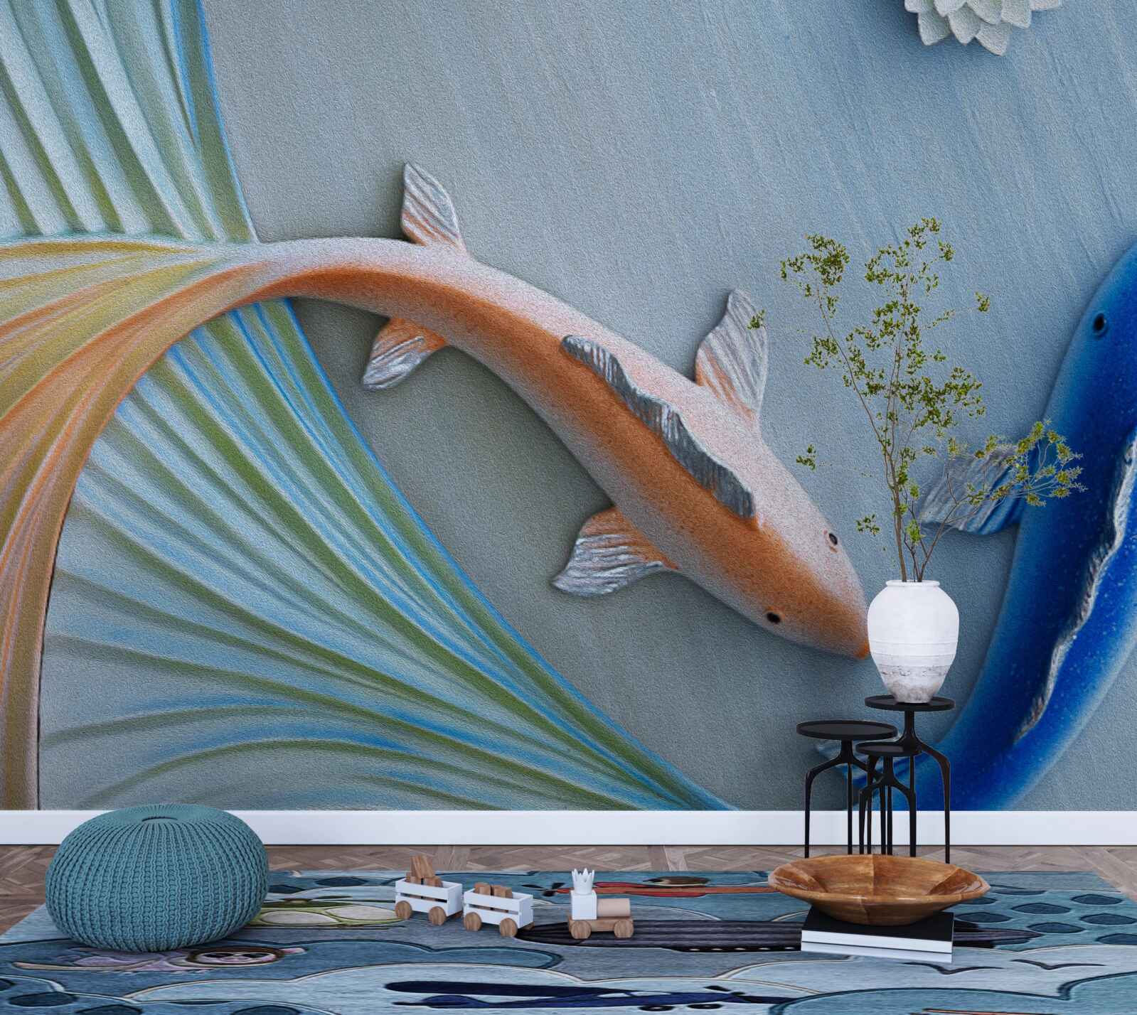 Fototapet pești aurii și albaștri înoată în apă