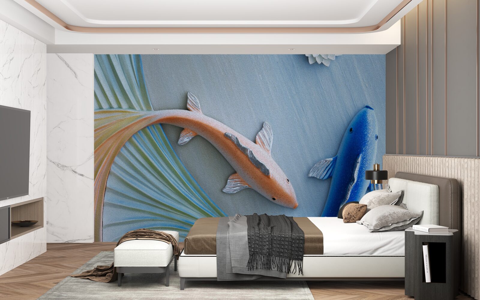 Fototapet pești aurii și albaștri înoată în apă