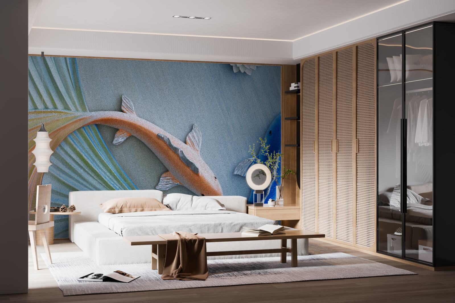 Fototapet pești aurii și albaștri înoată în apă