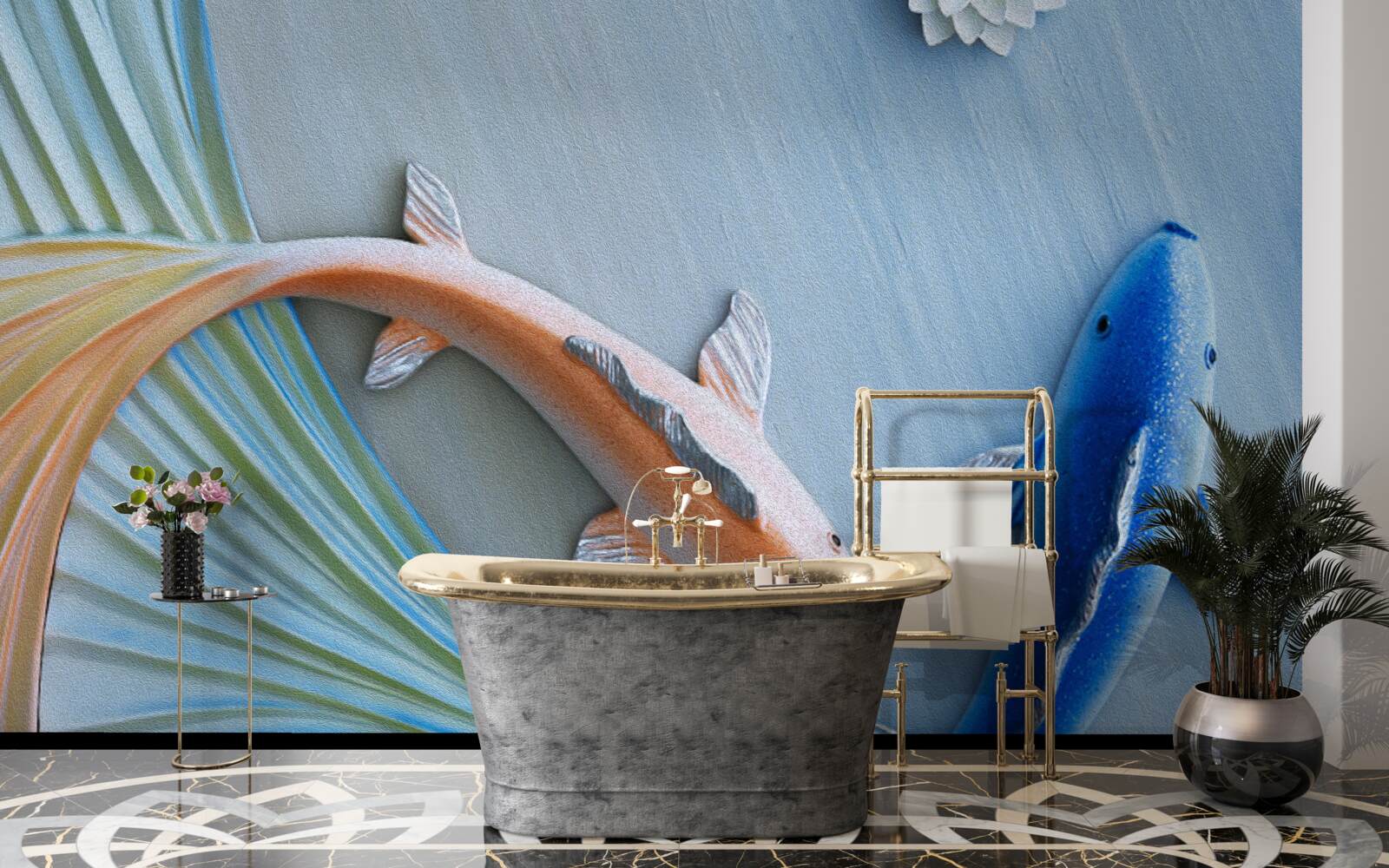 Fototapet pești aurii și albaștri înoată în apă