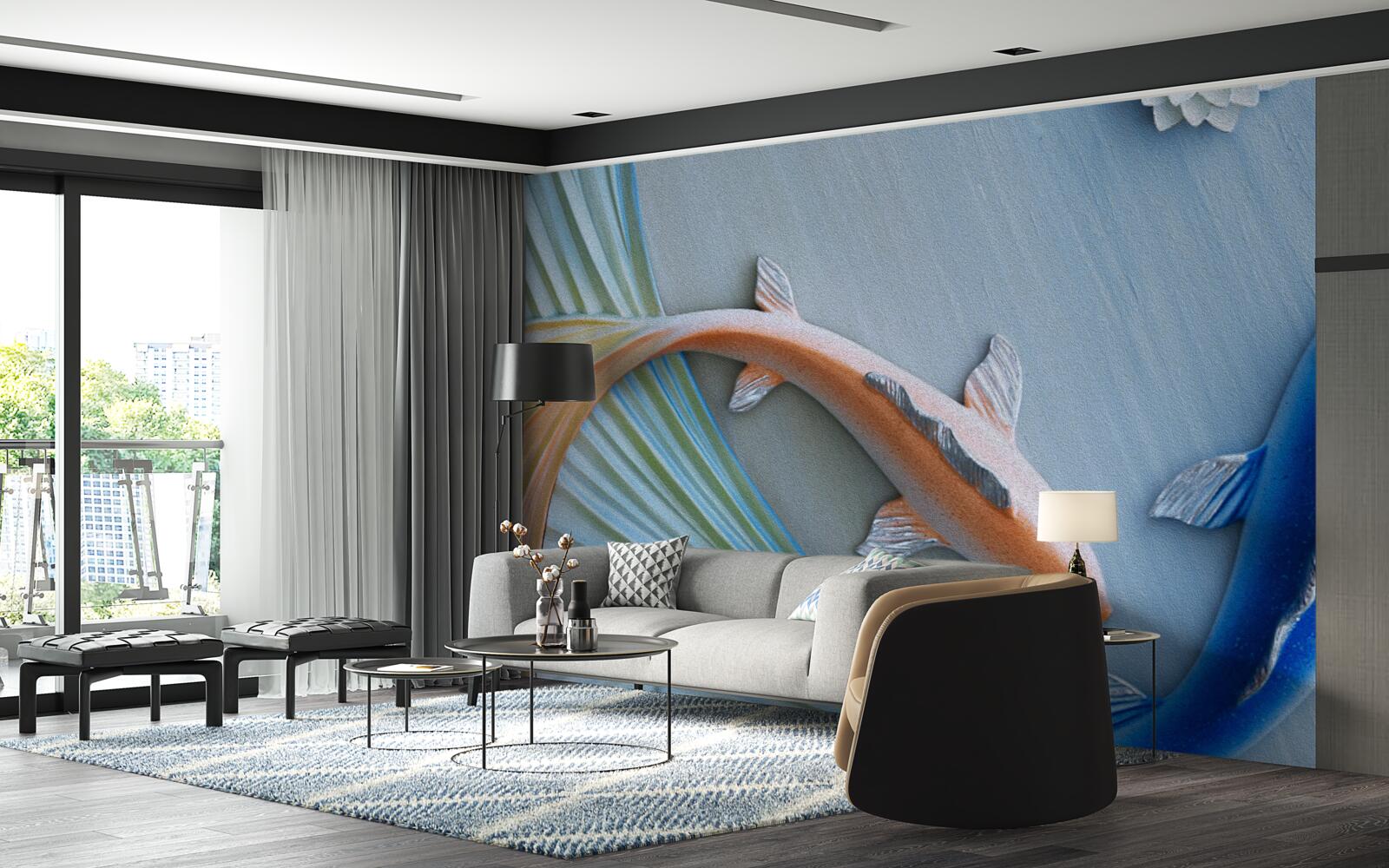 Fototapet pești aurii și albaștri înoată în apă