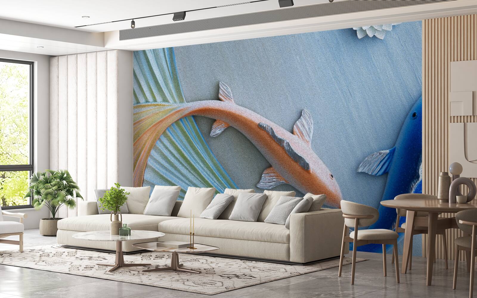 Fototapet pești aurii și albaștri înoată în apă